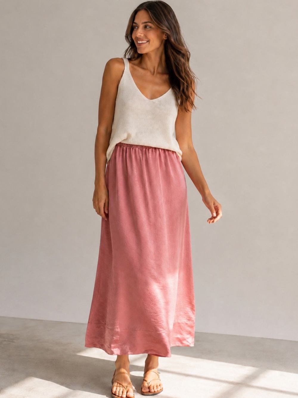 Lilla P Satin Maxi Skirt Dusty Rose Quiet Luxury Minimalist Pull-On Large